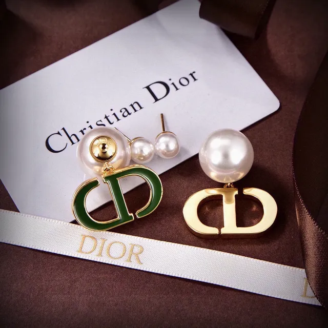 Dior CD Icon Green Enamel and Pearl Drop Earrings 4