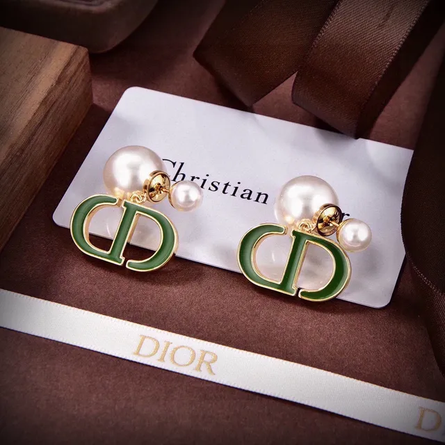 Dior CD Icon Green Enamel and Pearl Drop Earrings 5