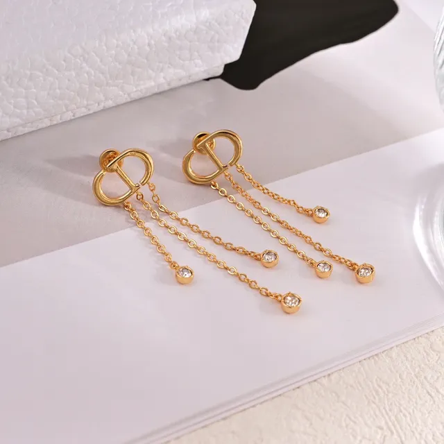 Dior CD Logo Gold-Tone Crystal Chain Tassel Earrings 3