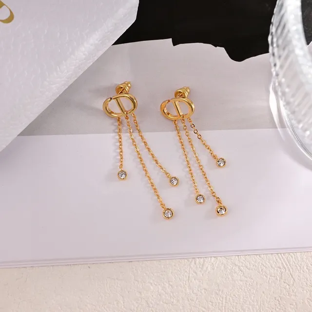 Dior CD Logo Gold-Tone Crystal Chain Tassel Earrings 4