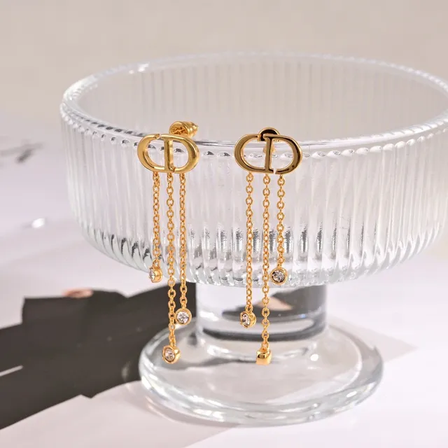 Dior CD Logo Gold-Tone Crystal Chain Tassel Earrings 5