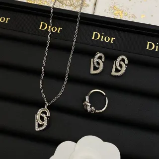 Dior CD Silver White Interlocking Motif Pavé Crystal Detailing Necklace