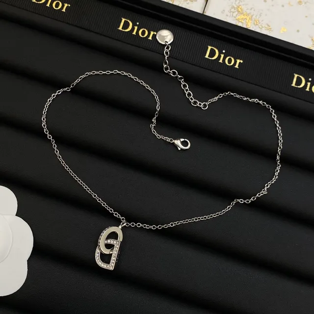 Dior CD Silver White Interlocking Motif Pavé Crystal Detailing Necklace 4
