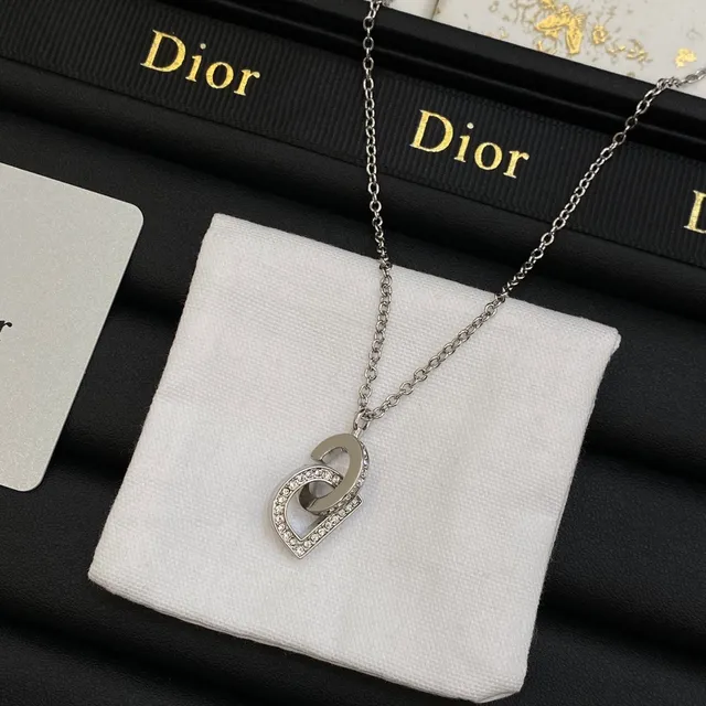 Dior CD Silver White Interlocking Motif Pavé Crystal Detailing Necklace 7