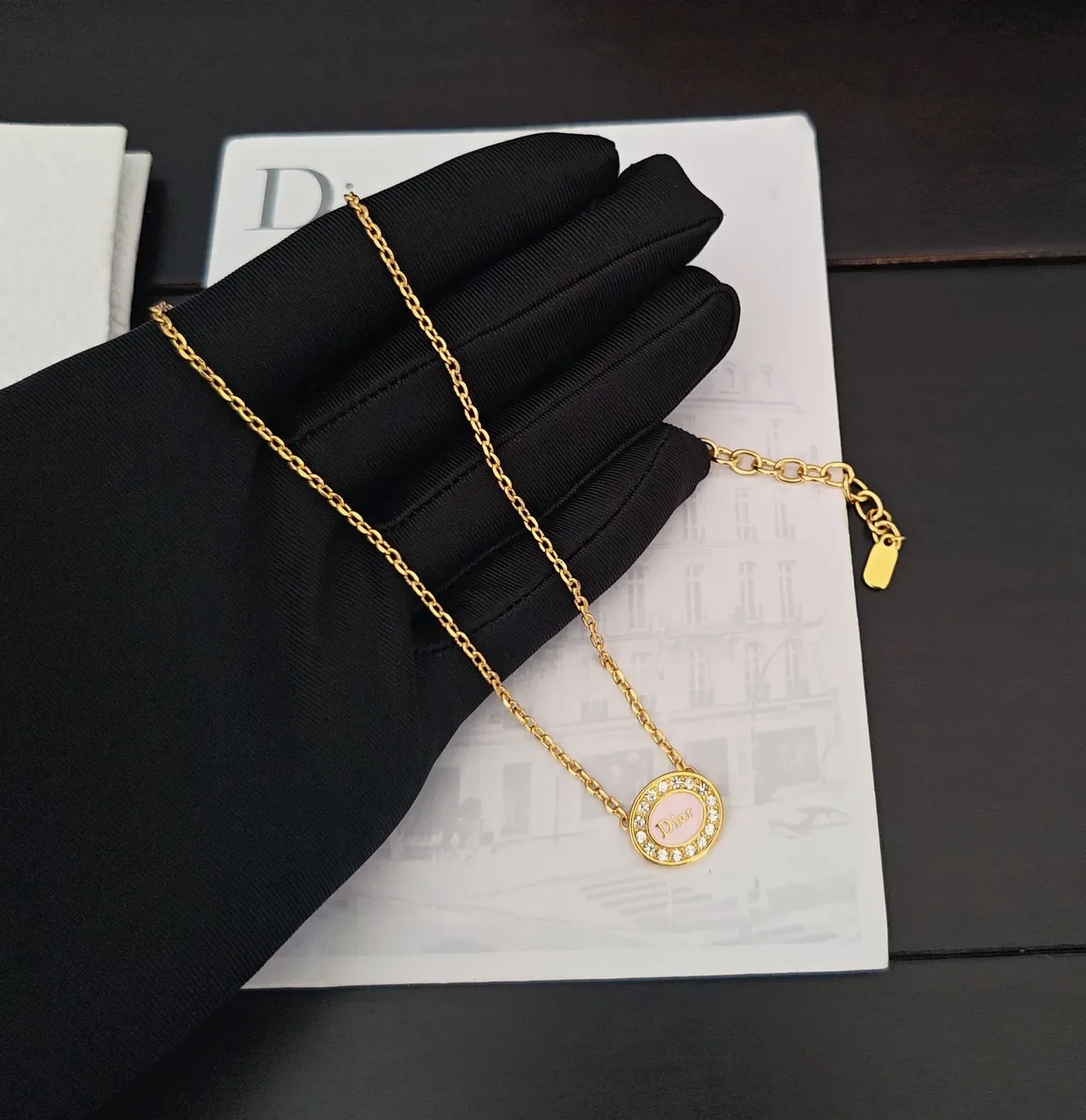 Dior Circular Crystal Pendant Gold-Tone Necklace 4