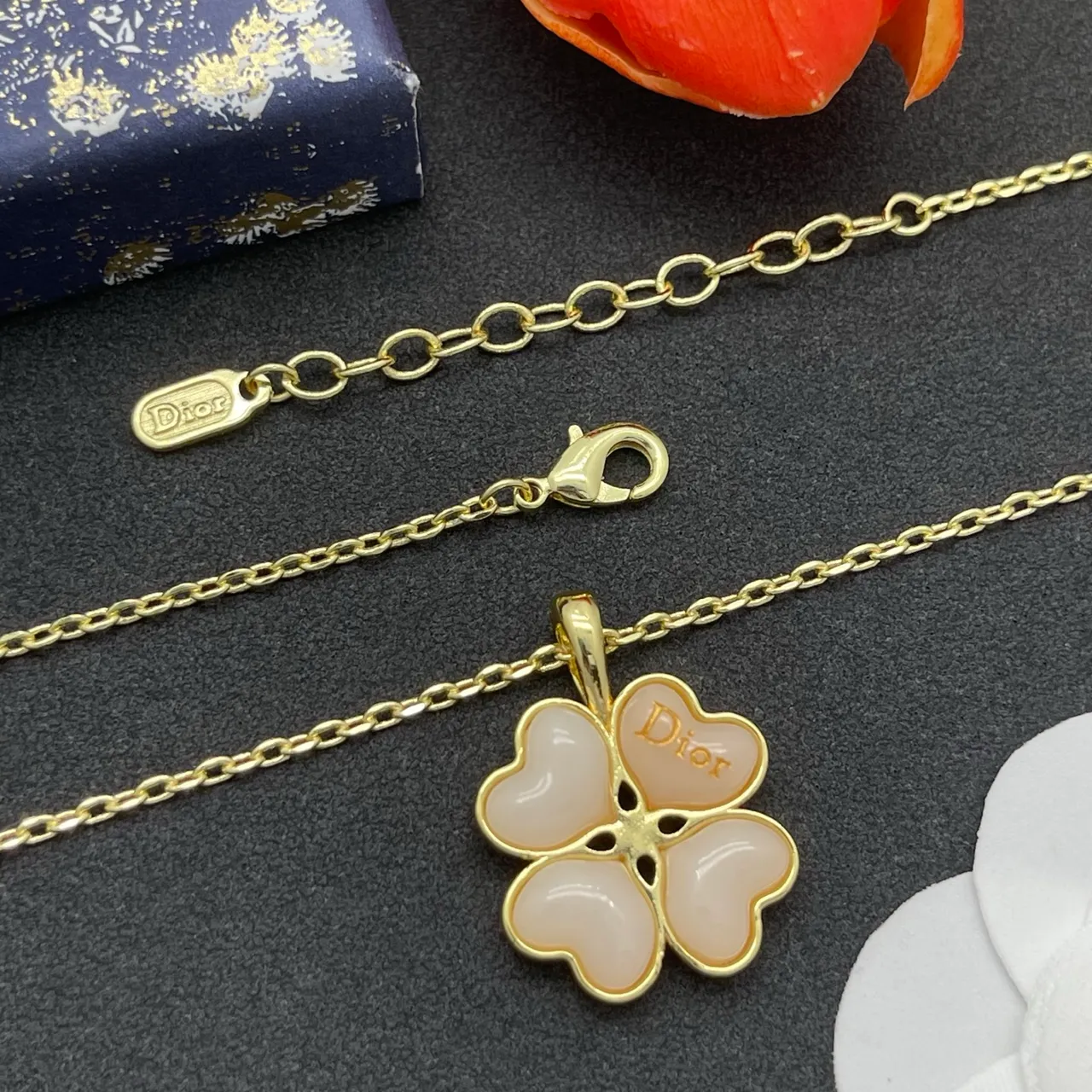 Dior Four Leaf Clover Gold Pink Chain Pendant Necklace 4
