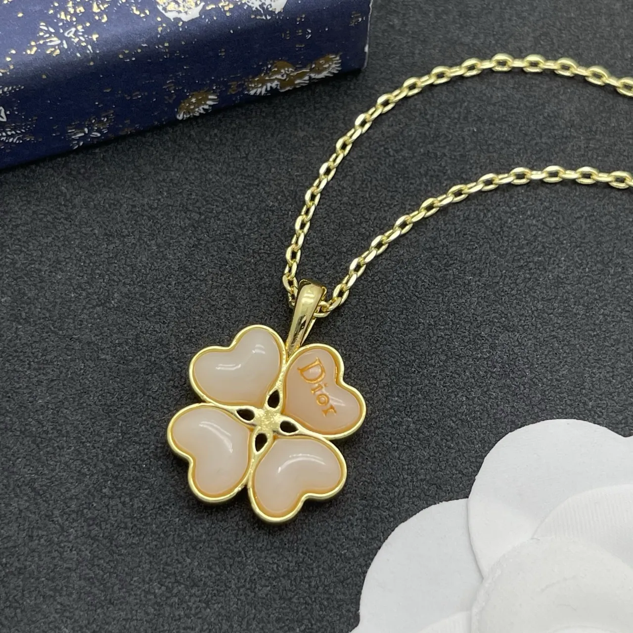 Dior Four Leaf Clover Gold Pink Chain Pendant Necklace 6
