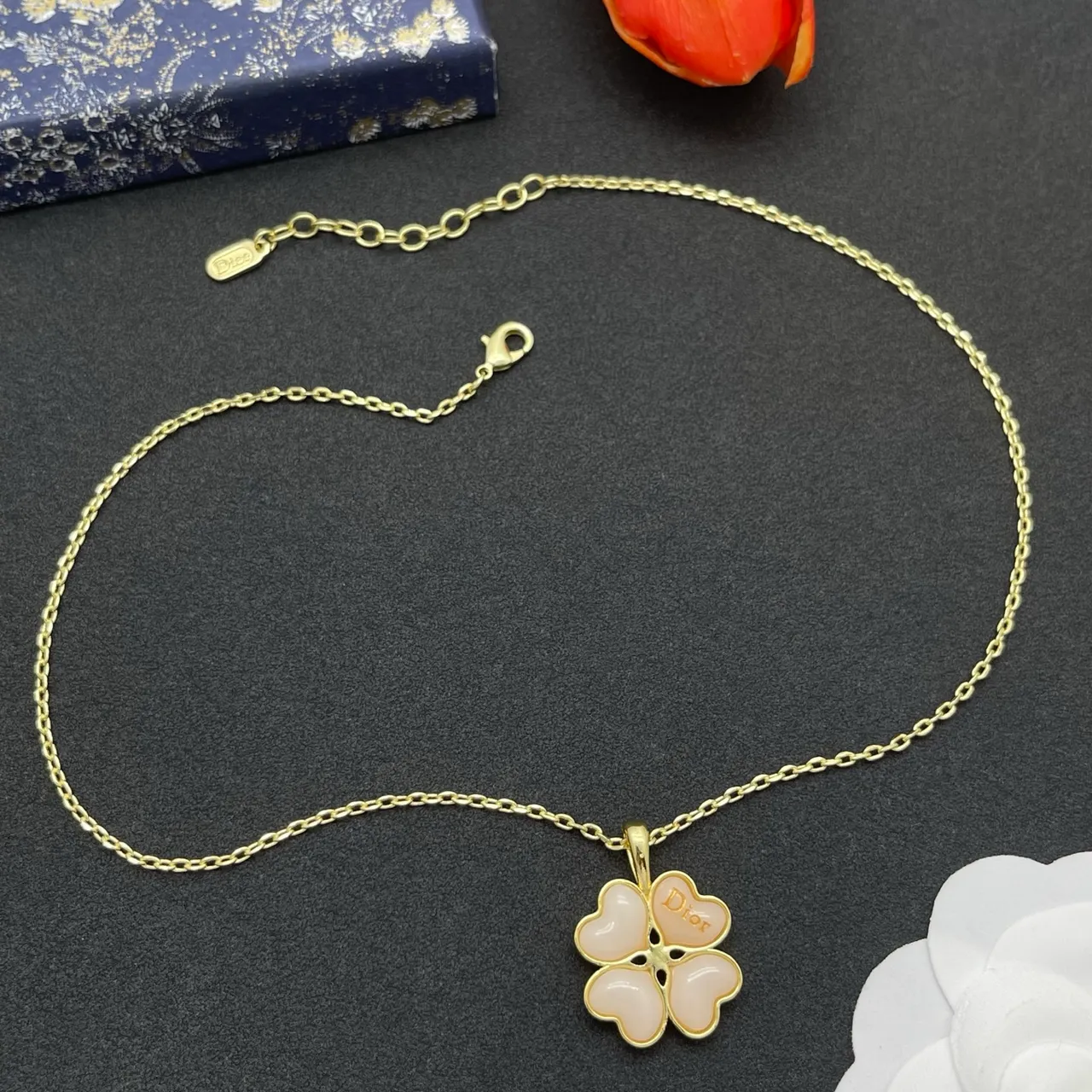 Dior Four Leaf Clover Gold Pink Chain Pendant Necklace 8