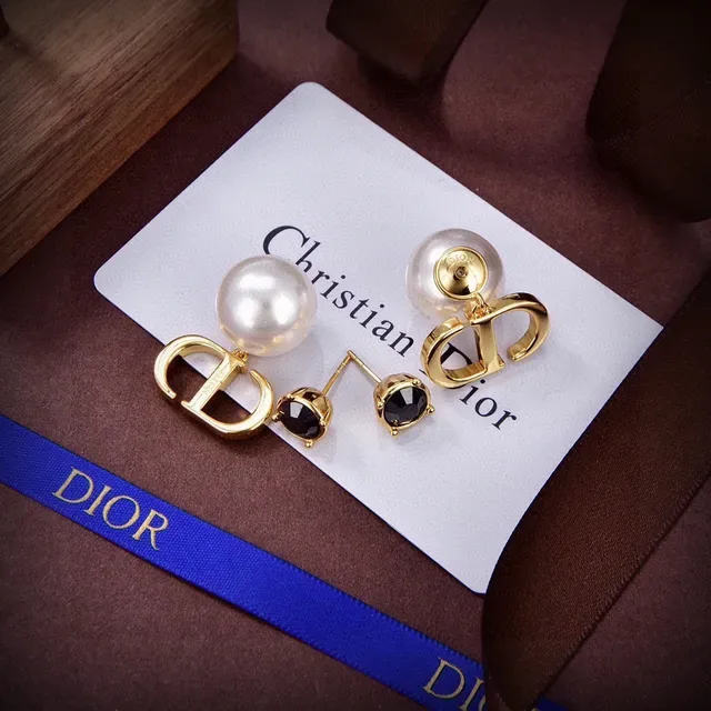 Dior Gold Black Metal Pearl-Backed Stud Earrings 2