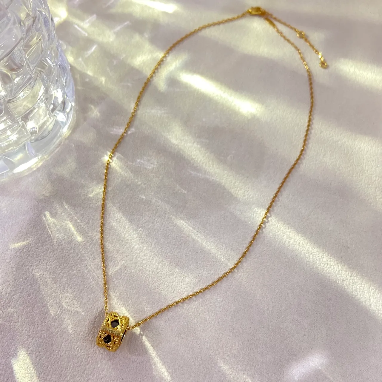 Dior Gold Black Openwork Cylinder Engraved Plaque Necklace 5
