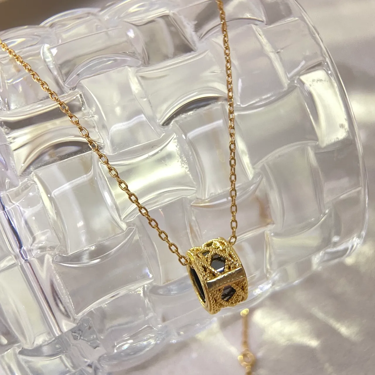 Dior Gold Black Openwork Cylinder Engraved Plaque Necklace 6