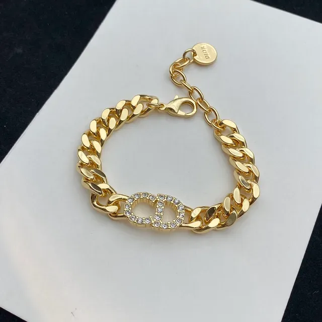 Dior Gold Silver Curb Chain Pavé Crystal CD Logo Bracelet 4