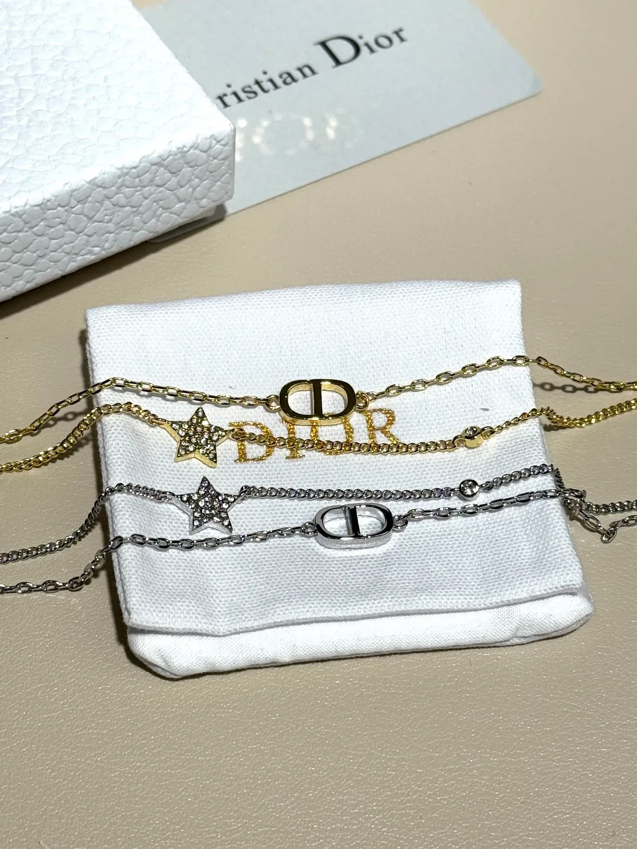 Dior Gold Silver Double-Chain Pavé-Star Charm Bracelet 3