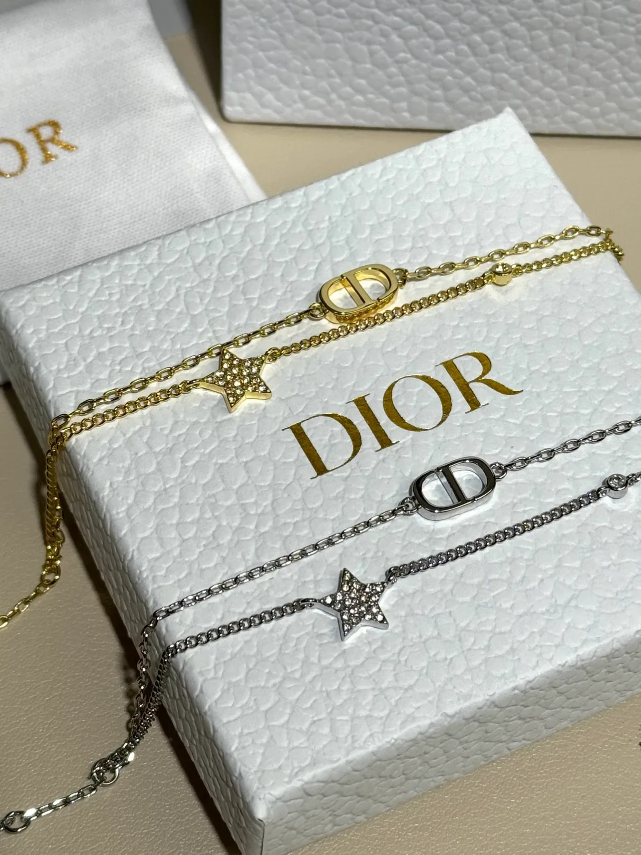 Dior Gold Silver Double-Chain Pavé-Star Charm Bracelet 5