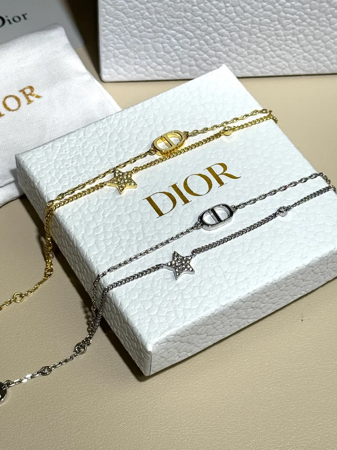 Dior Gold Silver Double-Chain Pavé-Star Charm Bracelet 6