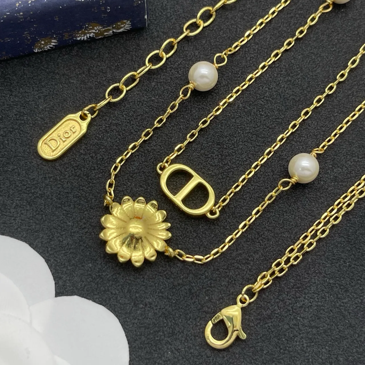 Dior Gold White Double-Layer Chain Pearl Accents Necklace 2