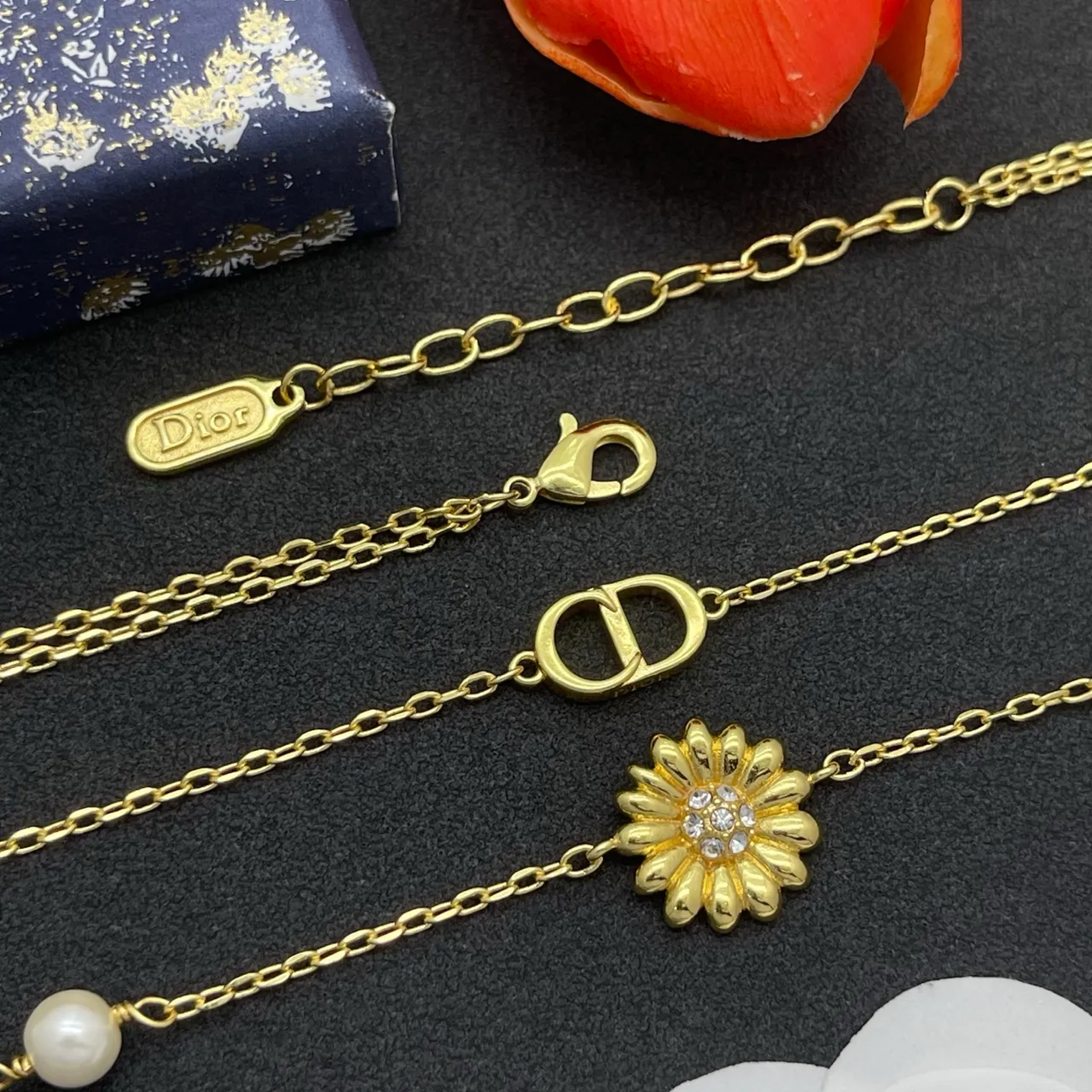 Dior Gold White Double-Layer Chain Pearl Accents Necklace 6