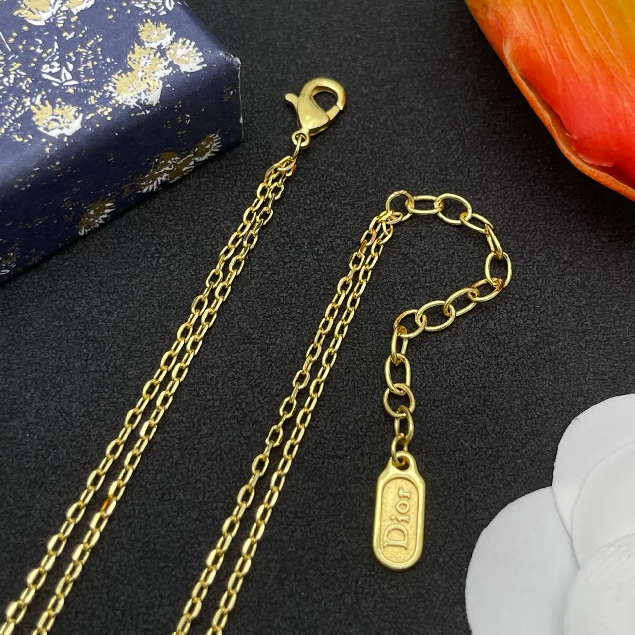 Dior Gold White Double-Layer Chain Pearl Accents Necklace 3