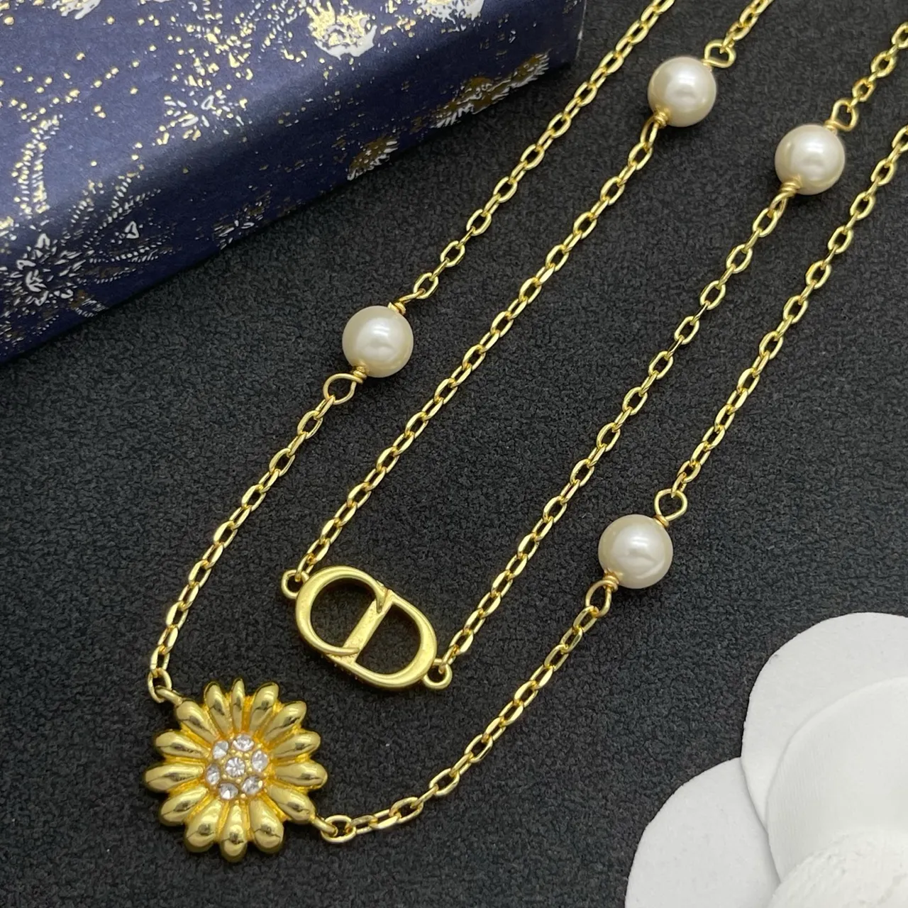 Dior Gold White Double-Layer Chain Pearl Accents Necklace 7