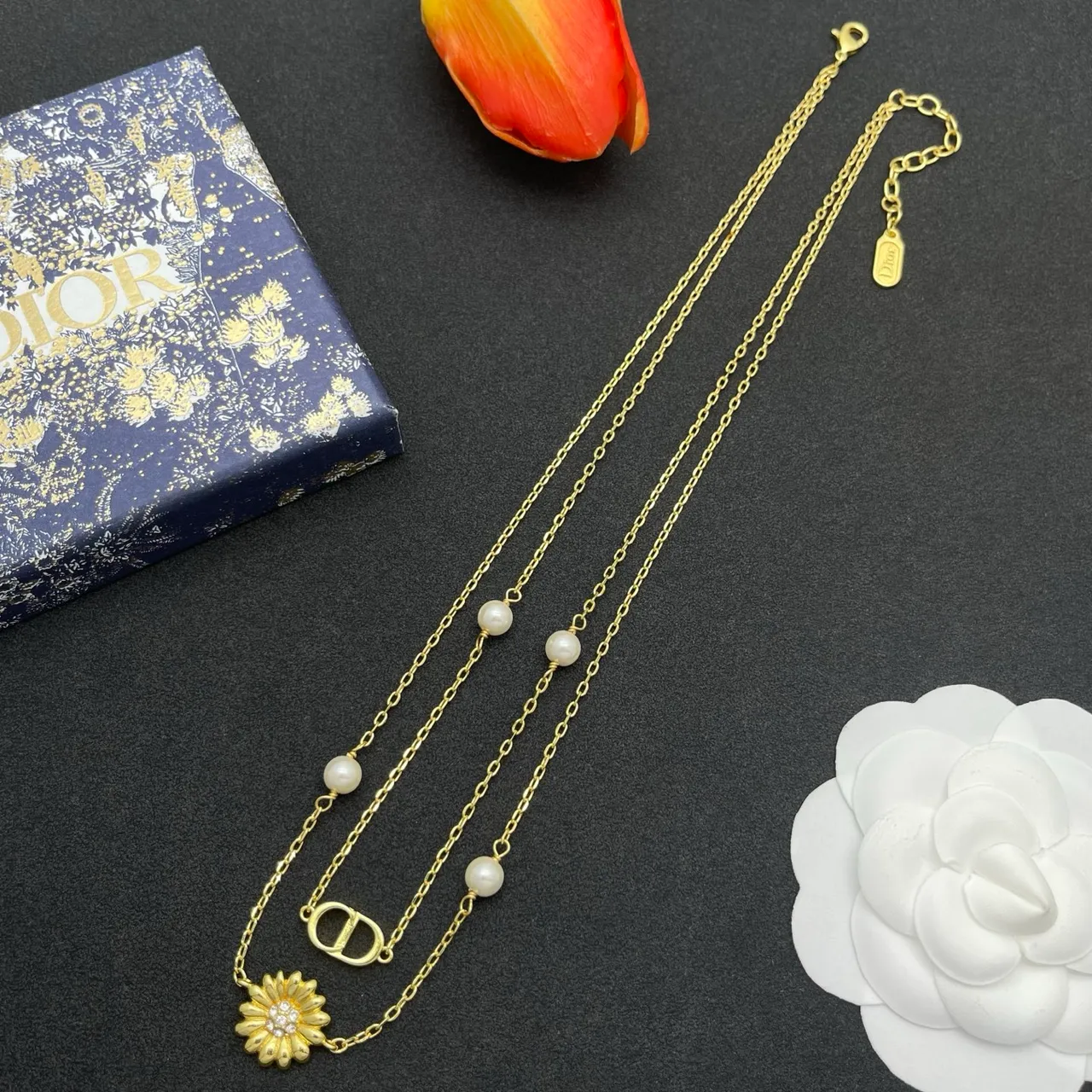 Dior Gold White Double-Layer Chain Pearl Accents Necklace 4