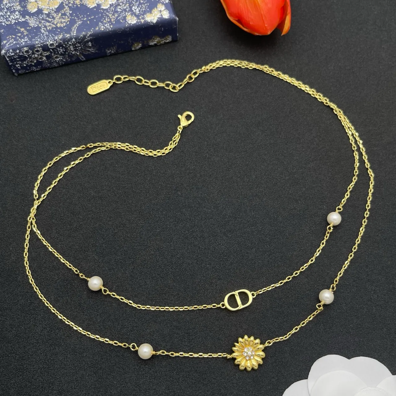 Dior Gold White Double-Layer Chain Pearl Accents Necklace 5