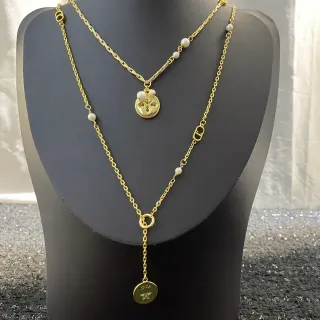 Dior Collier Chaîne Dorée Blanche Multicouche avec Perles Accent