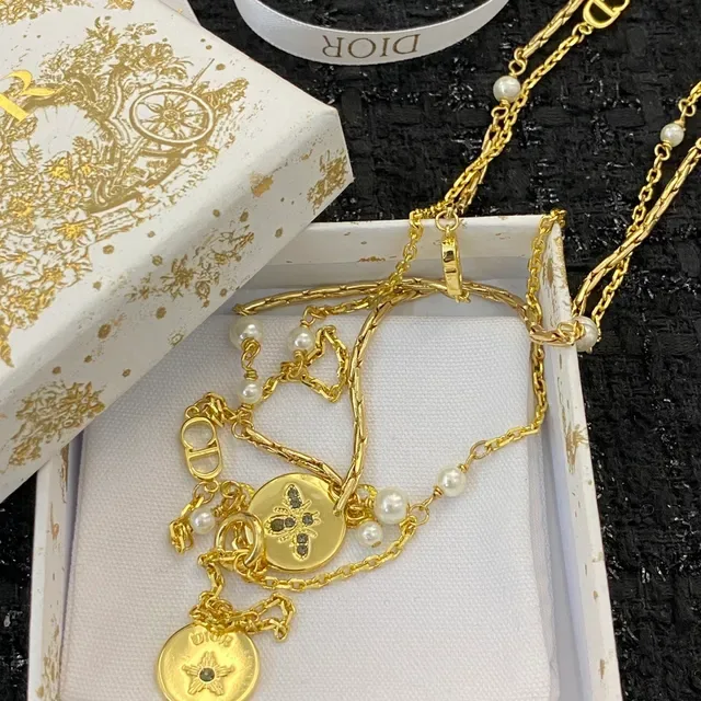 Dior Gold White Layered Chain Pearl-Accented Necklace 2