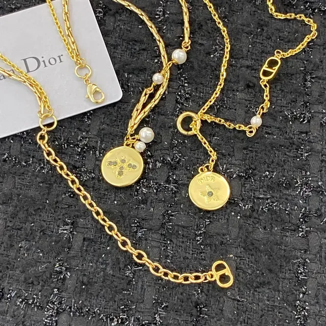 Dior Gold White Layered Chain Pearl-Accented Necklace 6