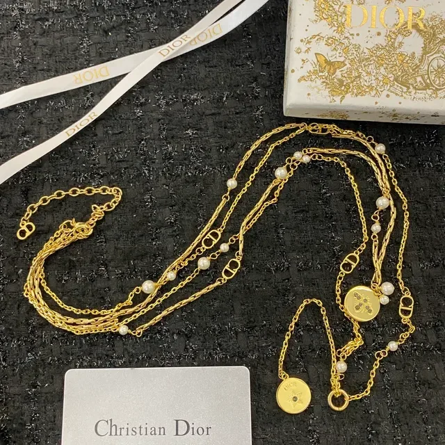 Dior Gold White Layered Chain Pearl-Accented Necklace 7