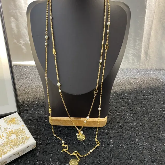 Dior Gold White Layered Chain Pearl-Accented Necklace 8