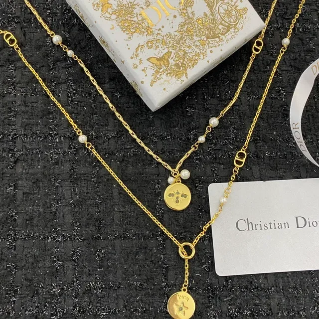 Dior Gold White Layered Chain Pearl-Accented Necklace 9