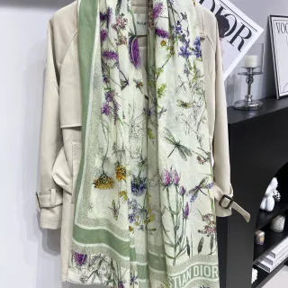 Dior Verde Beige Impresión Botánica Ilustraciones de Insectos Pañuelo de Seda
