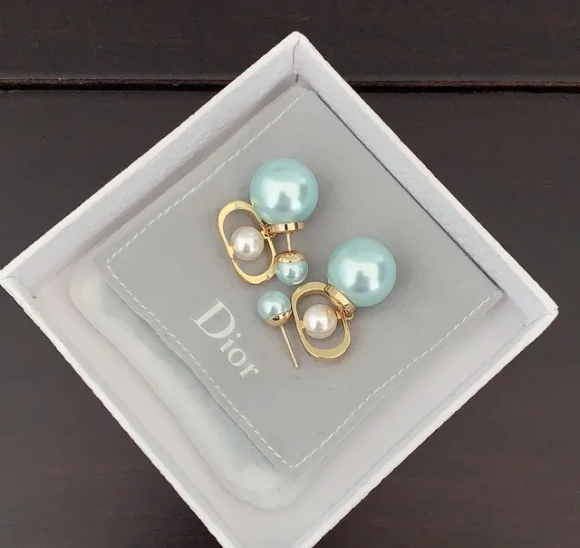 Dior Green Gold Double-Pearl Drop Oval Frame Earrings 2