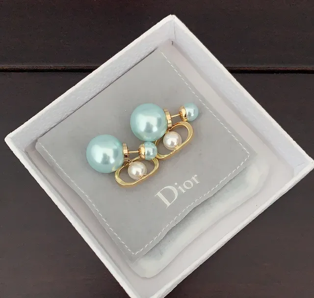 Dior Green Gold Double-Pearl Drop Oval Frame Earrings 3