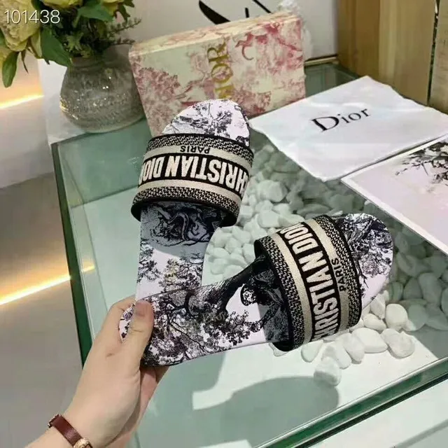Dior J'Adior Slide Black White Oblique-Printed Upper Wide Woven Strap Slippers 3