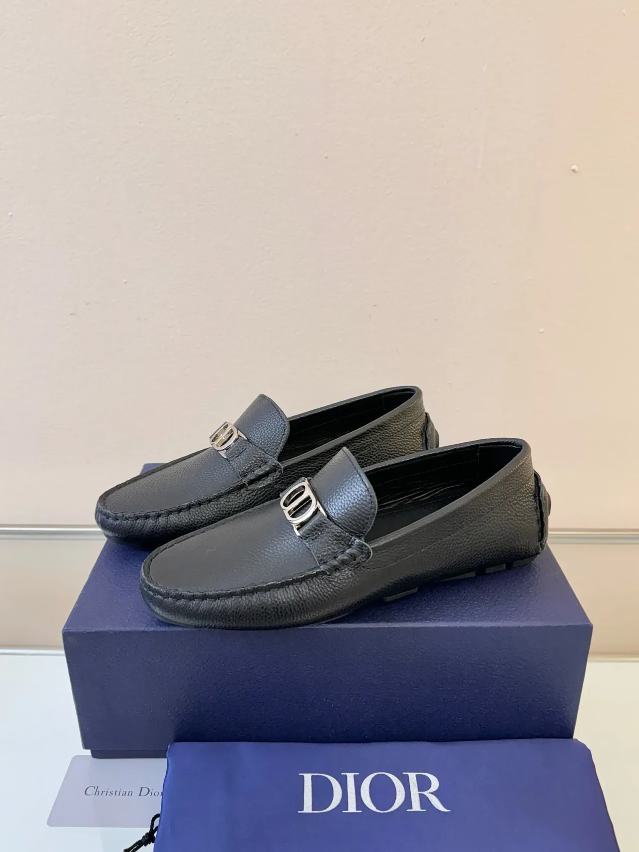 Dior Loafer Black Gold Pebbled Leather Metal 'D' Buckle Loafer 2