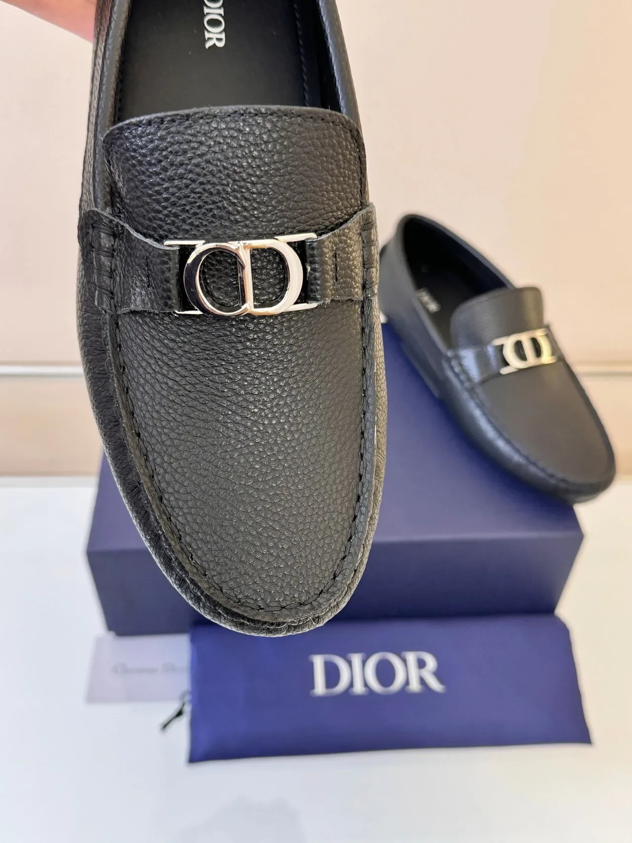 Dior Loafer Black Gold Pebbled Leather Metal 'D' Buckle Loafer 3