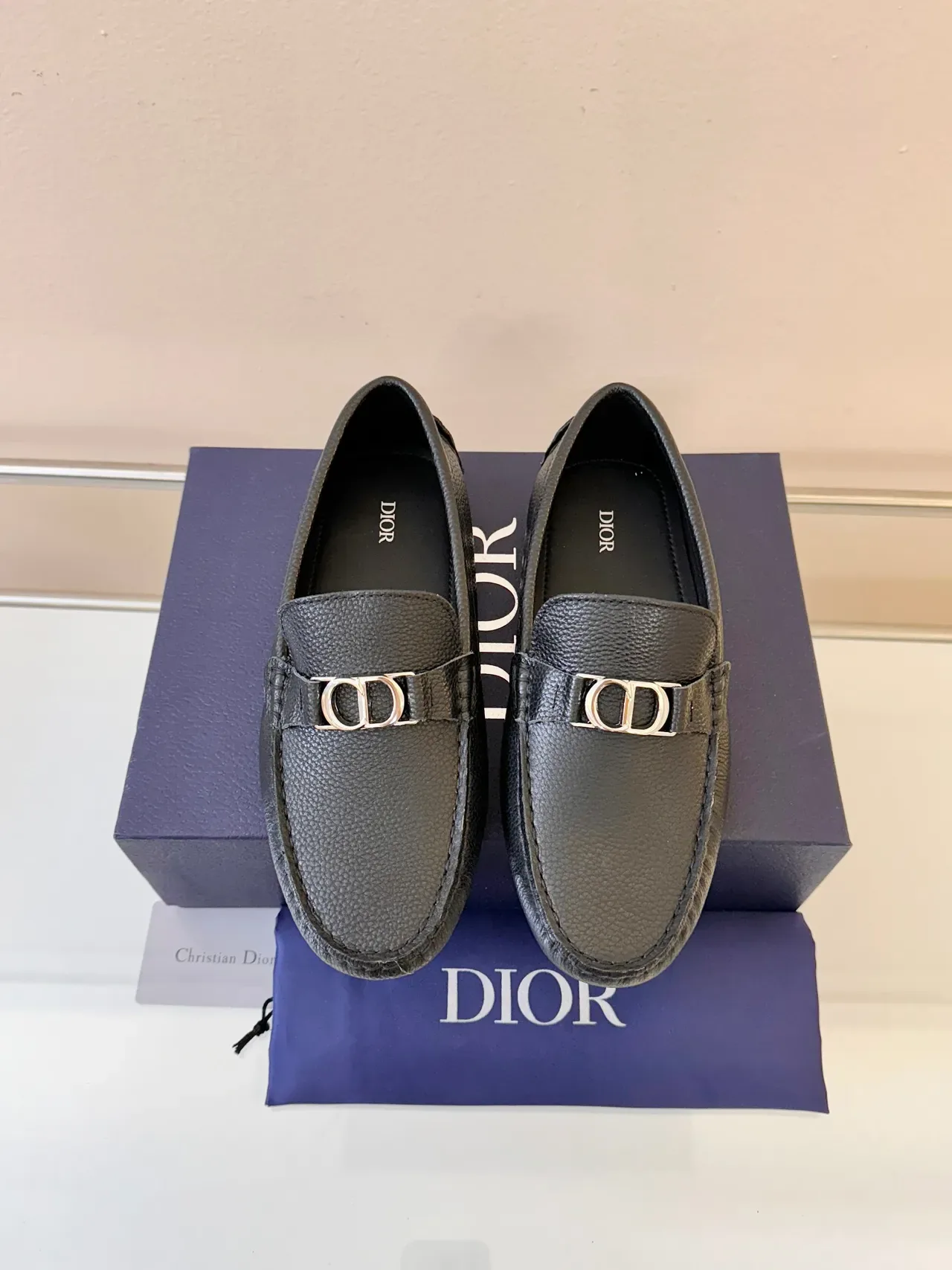 Dior Loafer Black Gold Pebbled Leather Metal 'D' Buckle Loafer 6