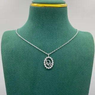 Dior Logo Pendant Silver Chain Oval Crystal-Halo Necklace