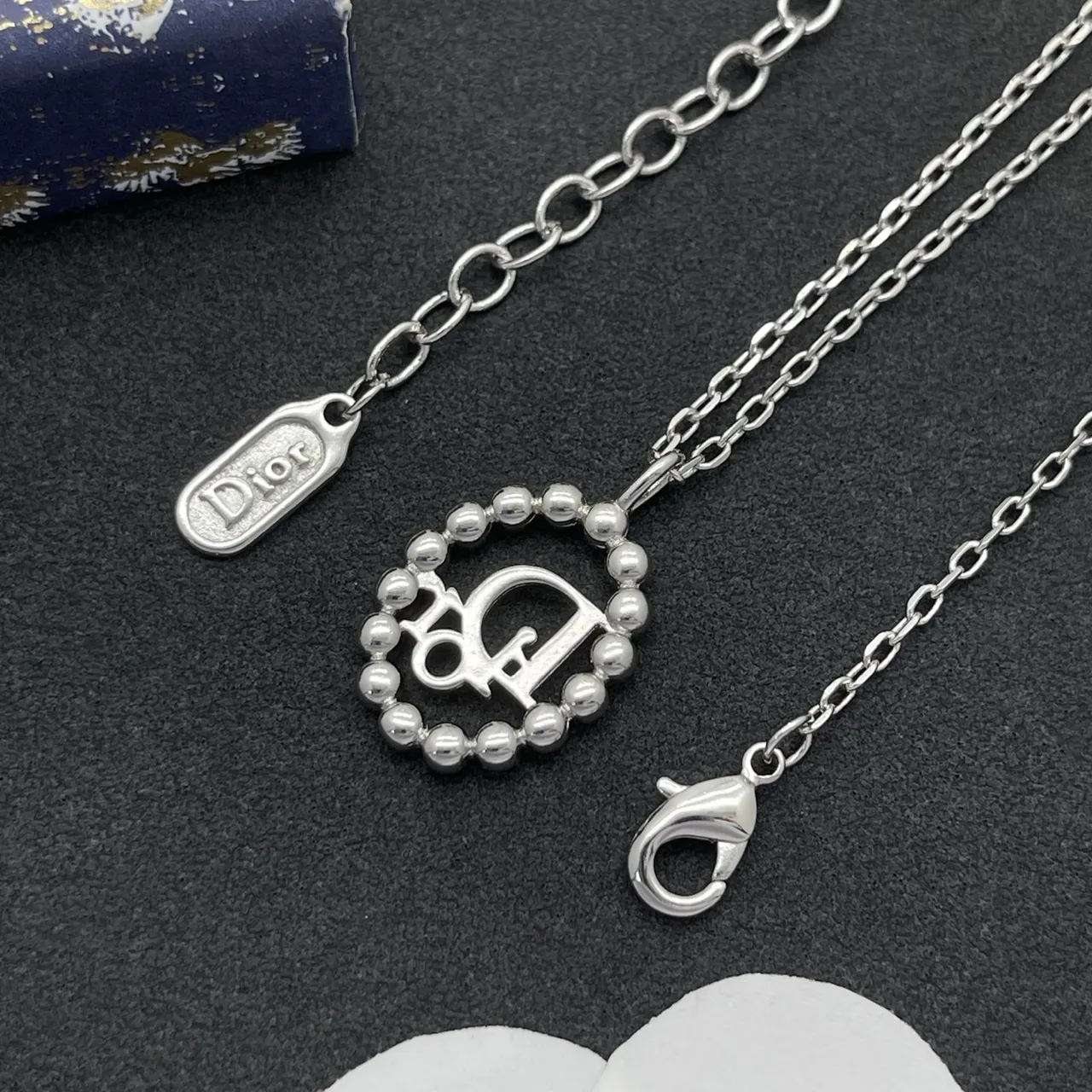 Dior Logo Pendant Silver Chain Oval Crystal-Halo Necklace 3