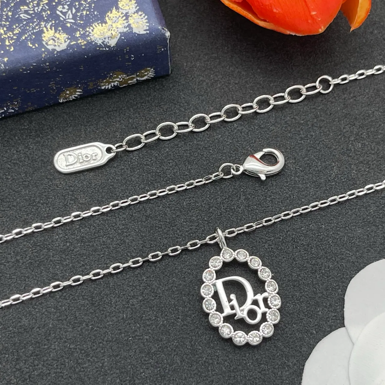 Dior Logo Pendant Silver Chain Oval Crystal-Halo Necklace 4