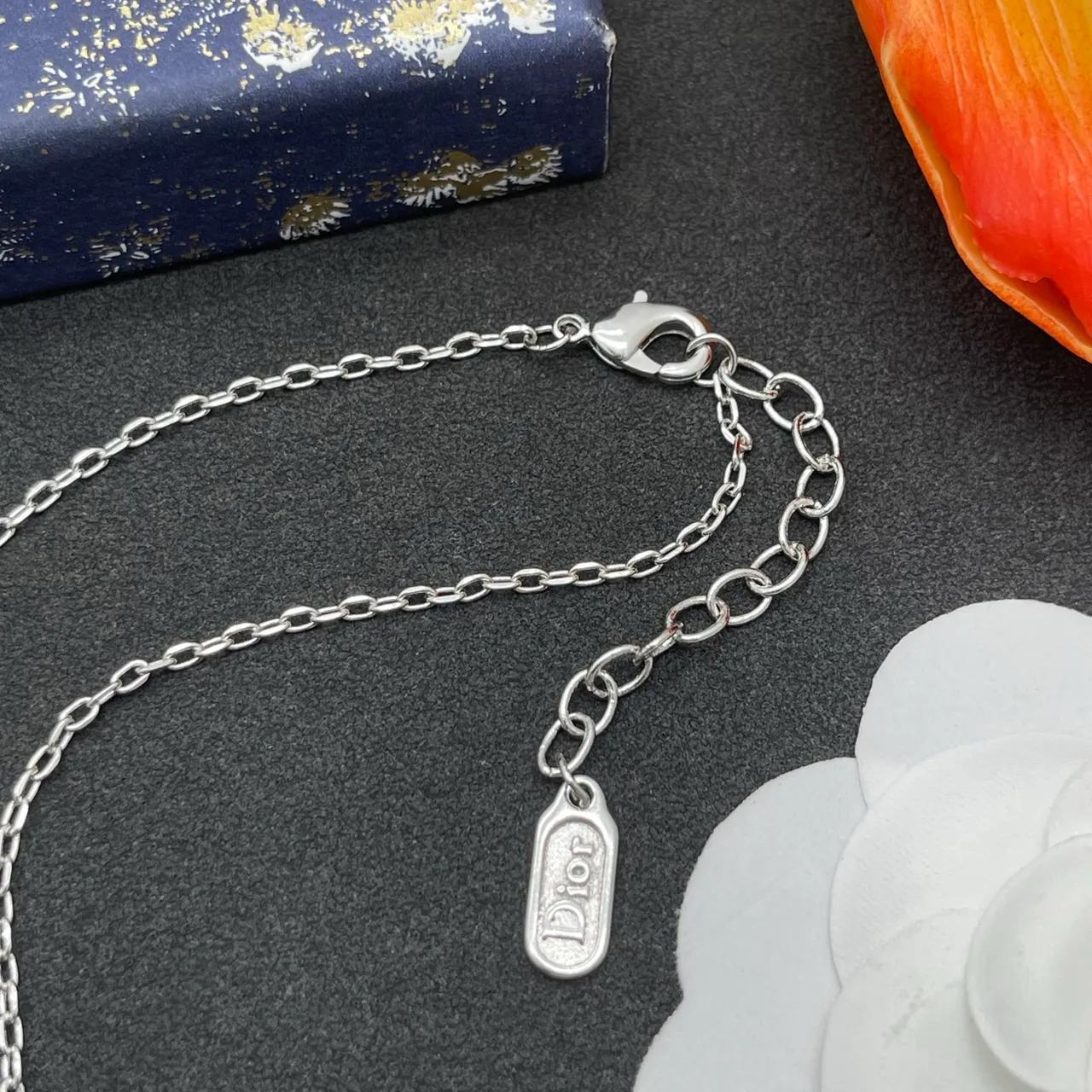 Dior Logo Pendant Silver Chain Oval Crystal-Halo Necklace 5