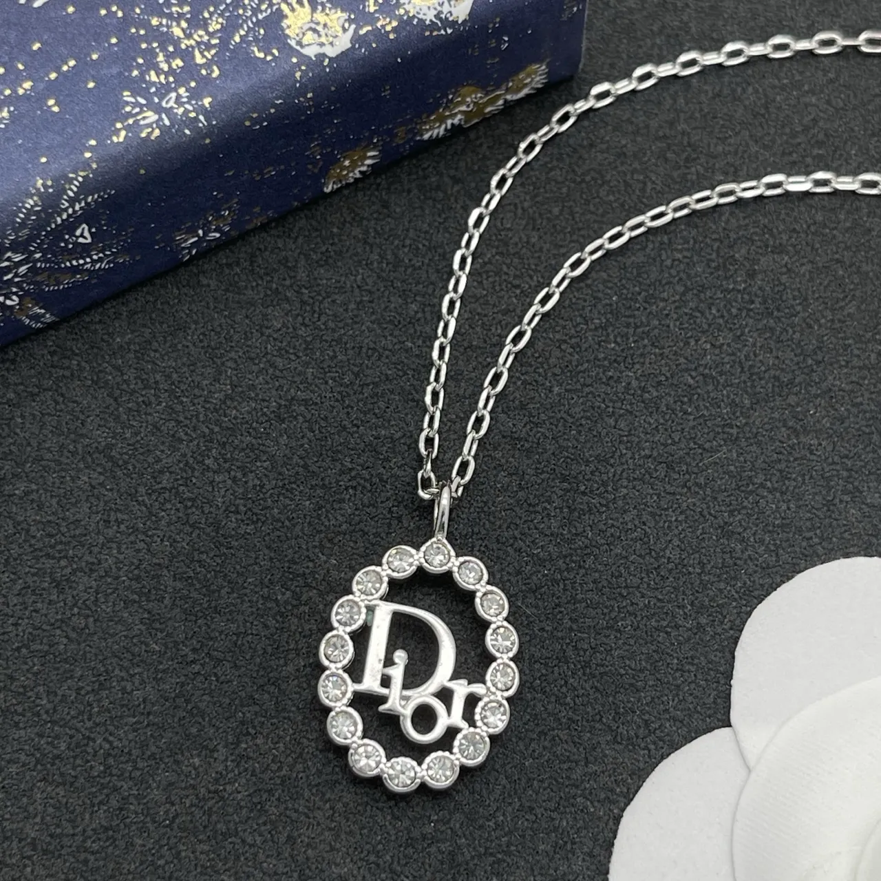 Dior Logo Pendant Silver Chain Oval Crystal-Halo Necklace 6
