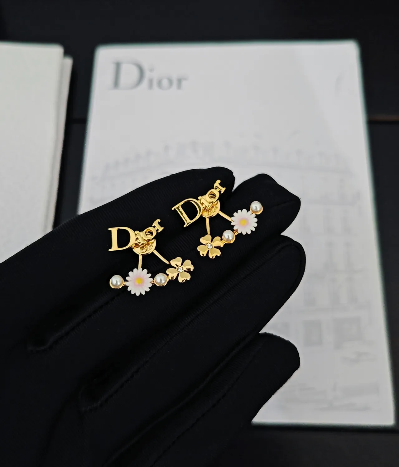 Dior Logo-Top Dual-Drop Floral Pearl Earrings 3