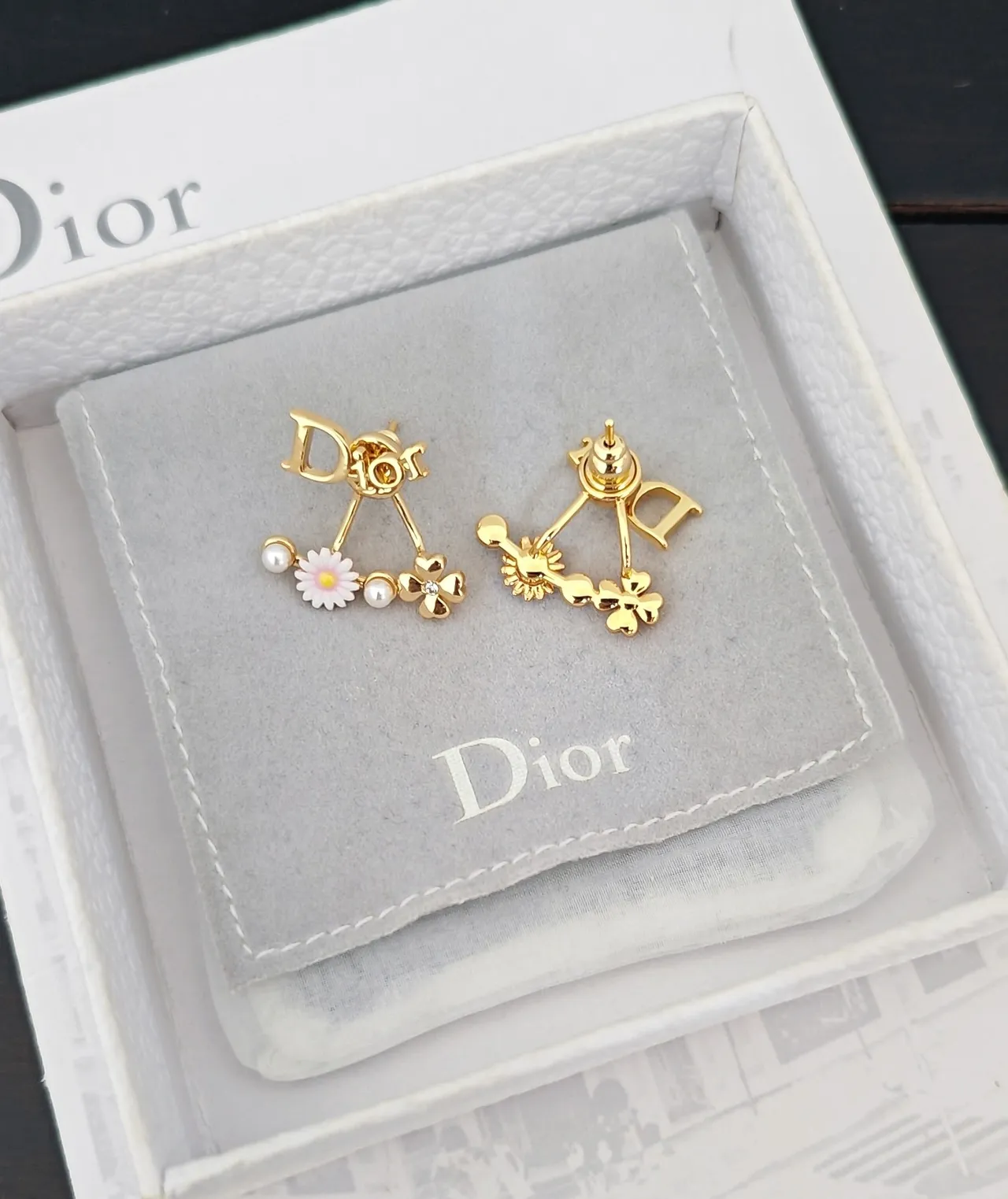 Dior Logo-Top Dual-Drop Floral Pearl Earrings 5
