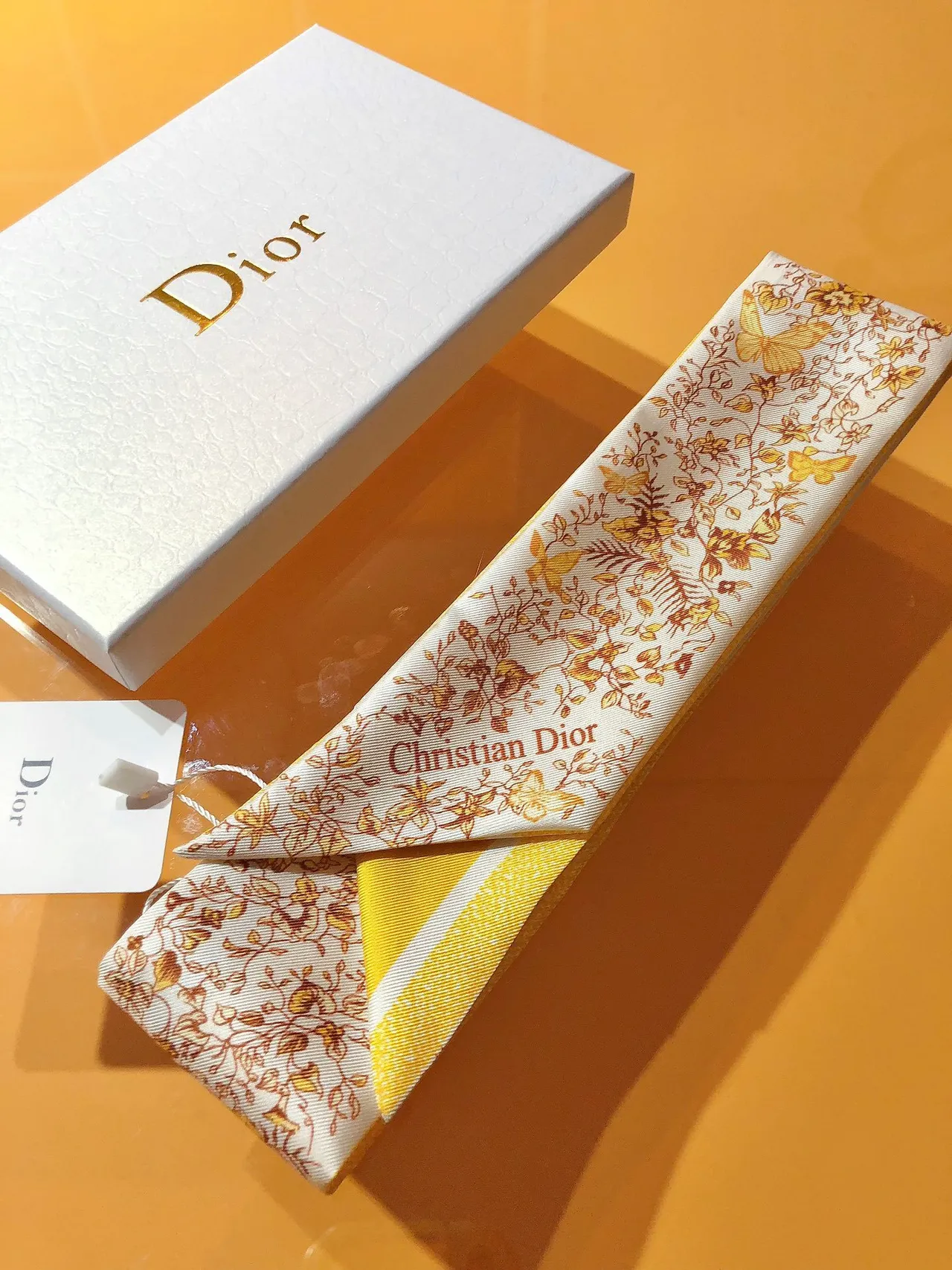 Dior Mitzah Écharpe en Soie à Motif Papillon Imprimé Blanc Or Twill 5