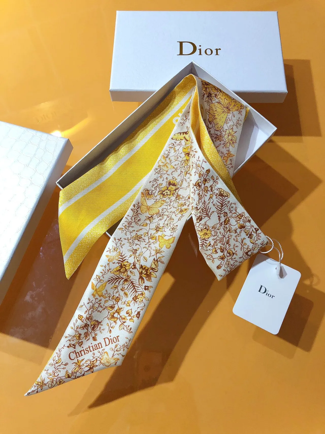 Dior Mitzah Écharpe en Soie à Motif Papillon Imprimé Blanc Or Twill 4
