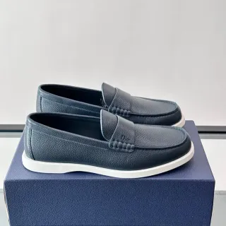 Dior Navy White Pebbled Leather Braided Strap Detail Loafer