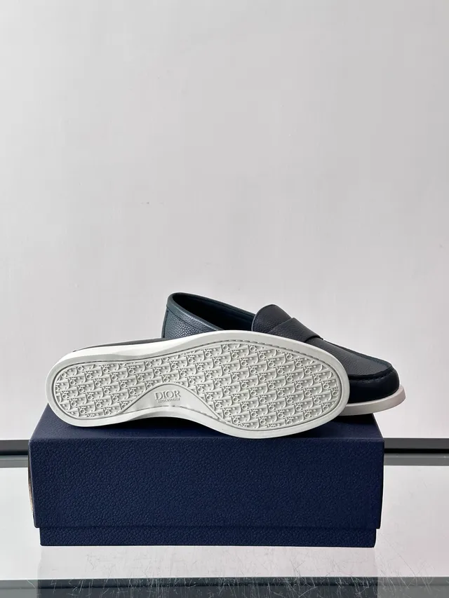 Dior Navy White Pebbled Leather Braided Strap Detail Loafer 2