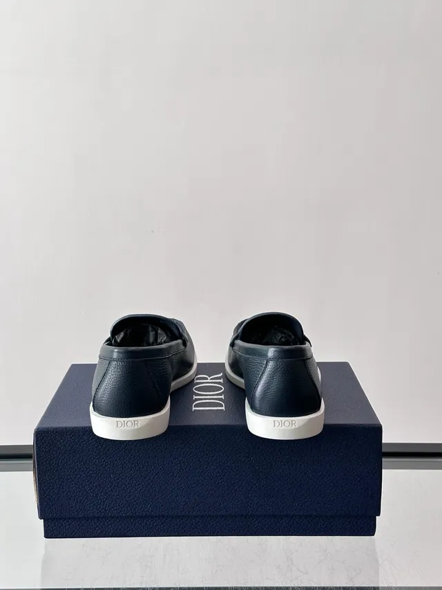 Dior Navy White Pebbled Leather Braided Strap Detail Loafer 3